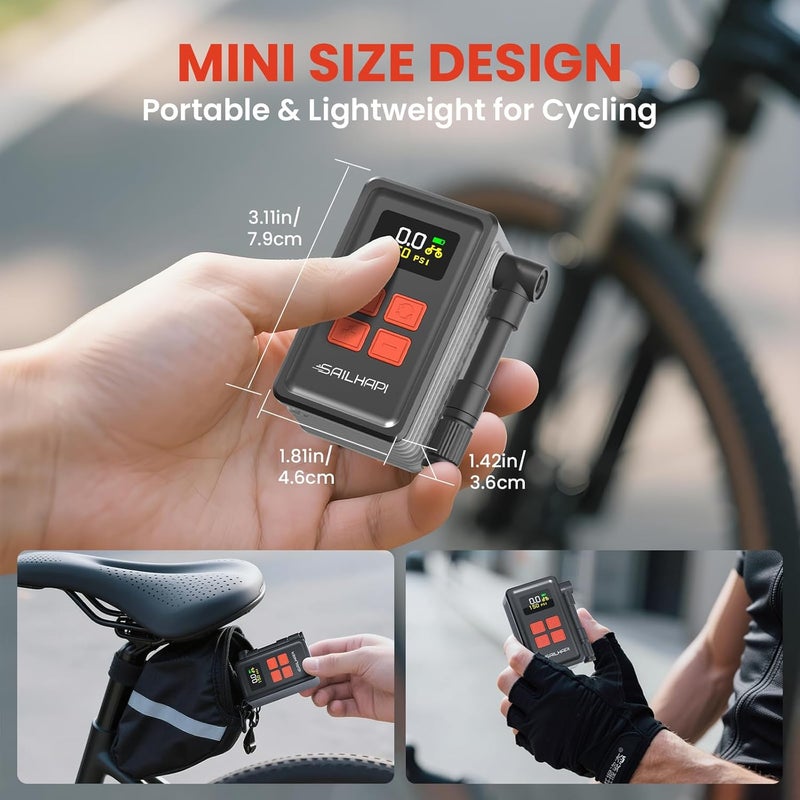 SAILHAPI Mini Bike Tire Pump (150PSI Fast Inflation with Guage) (Presta and Schrader Valve) Portable Electric Air Pump for Road and Mountain Bicycle, E-Bike, Motorcycle, Sports Ball - Image 3